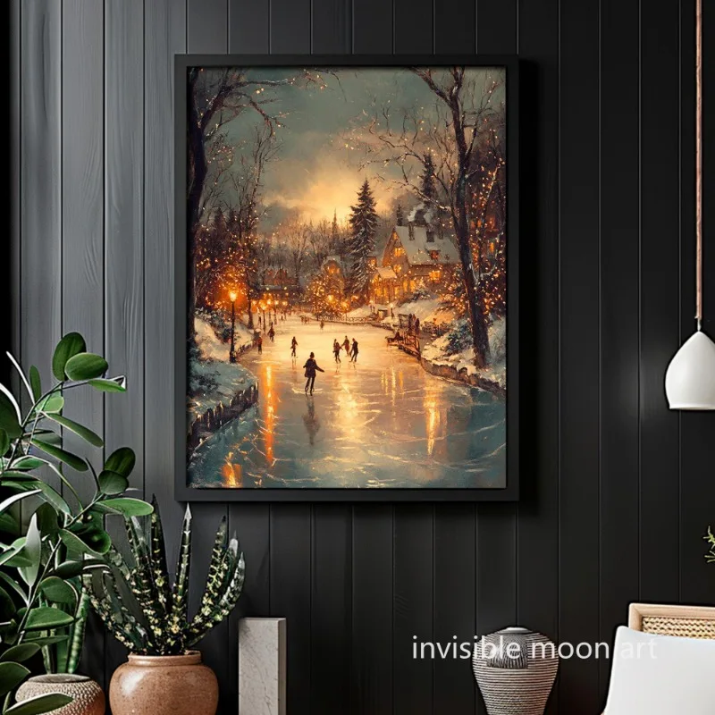 Vintage Christmas Winter Town Ice Skating River Village Landscape Art Poster Canvas Painting Wall Print Picture Room Home Decor