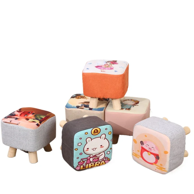 

Shoe Changing Stool for Home Office Bedroom Living Room Decorative Fabric Footstool Small Seat Cartoon Design Wooden Square