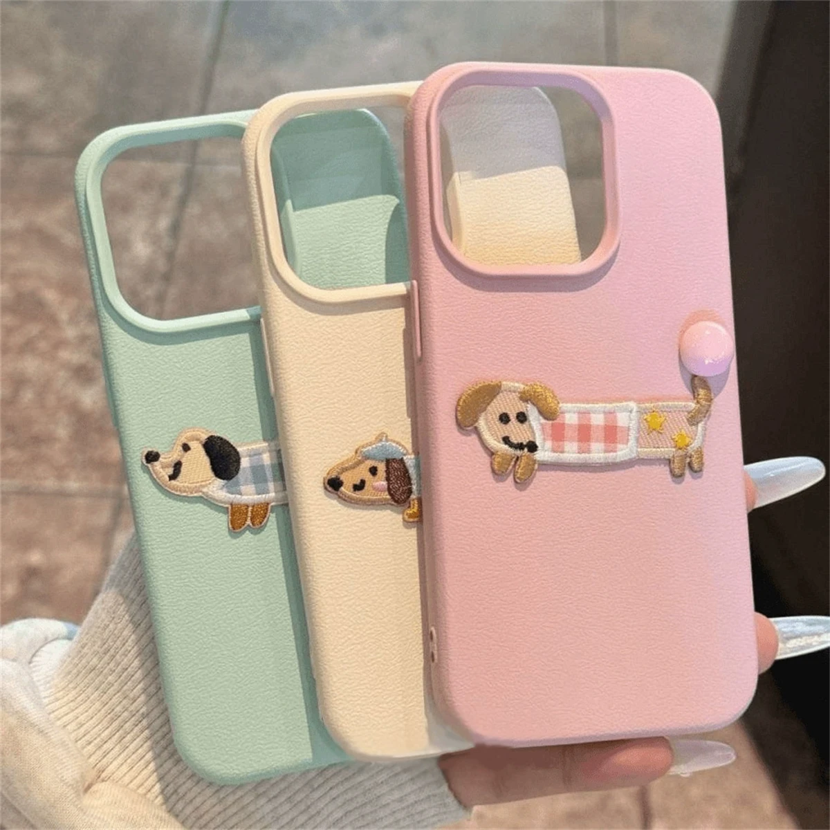 Korean Cute Cartoon Dachshund Litchi Pattern Phone Case For iPhone 15 14 13 12 Pro Max 11 Korean Lovely Shockproof Soft Cover