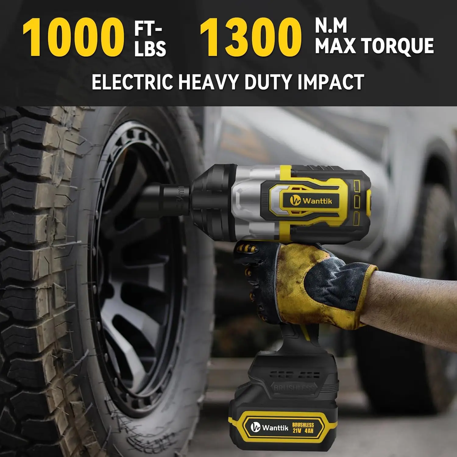 Cordless Impact Wrench 1/2 Inch, 1000 Ft-Lbs High Torque, 21V Brushless Impact Gun W/ 4.0 Ah Battery, Fast Charger, 5 Sockets