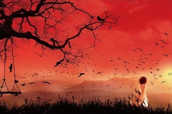 

Red Sunset Lone Lass Jigsaw Puzzle, Withered Tree Swing Flock Of Birds Mountain Range Sad Warm Tone Landscape Wall Decor