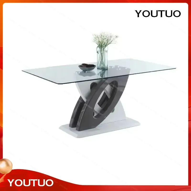 for Dining Table Rectangular Clear Tempered Glass Top Grey White Base Living Room Furniture
