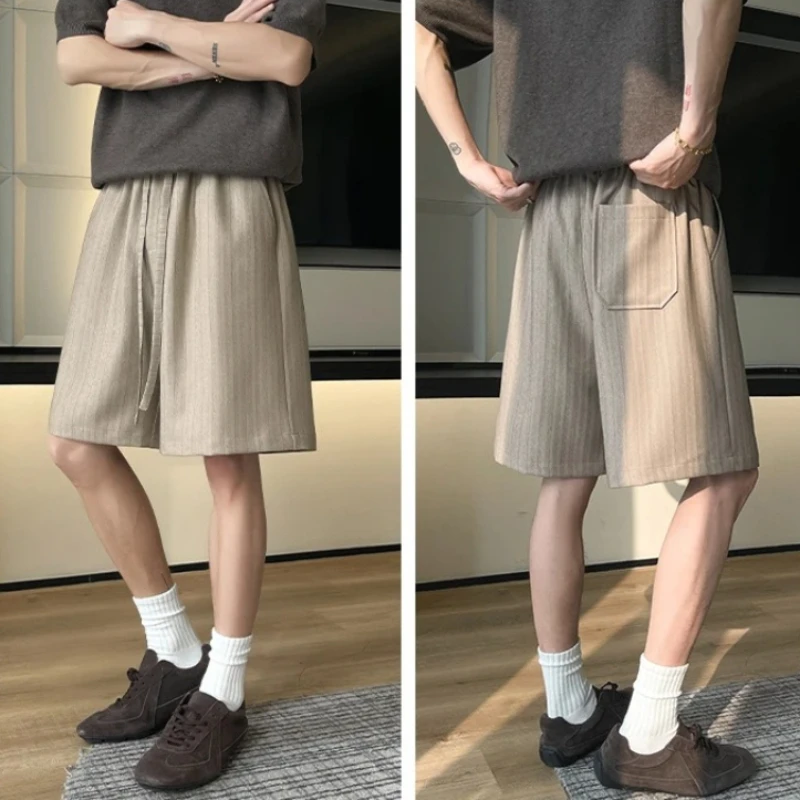 Japanese Style Matching Striped Shorts Men Loose Retro Faux Linen Five-point Pants Summer Thin Breathable Casual Workwear Shorts
