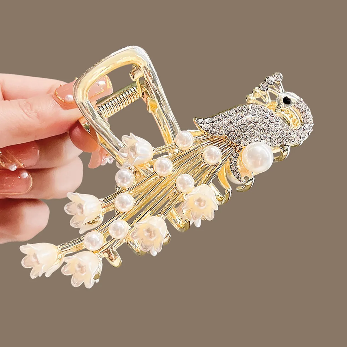 

Large Size Pearl Flower Phoenix Metal Hair Clip Shark Clip Head Ornament Temperament Back of the Head Hair Accessory