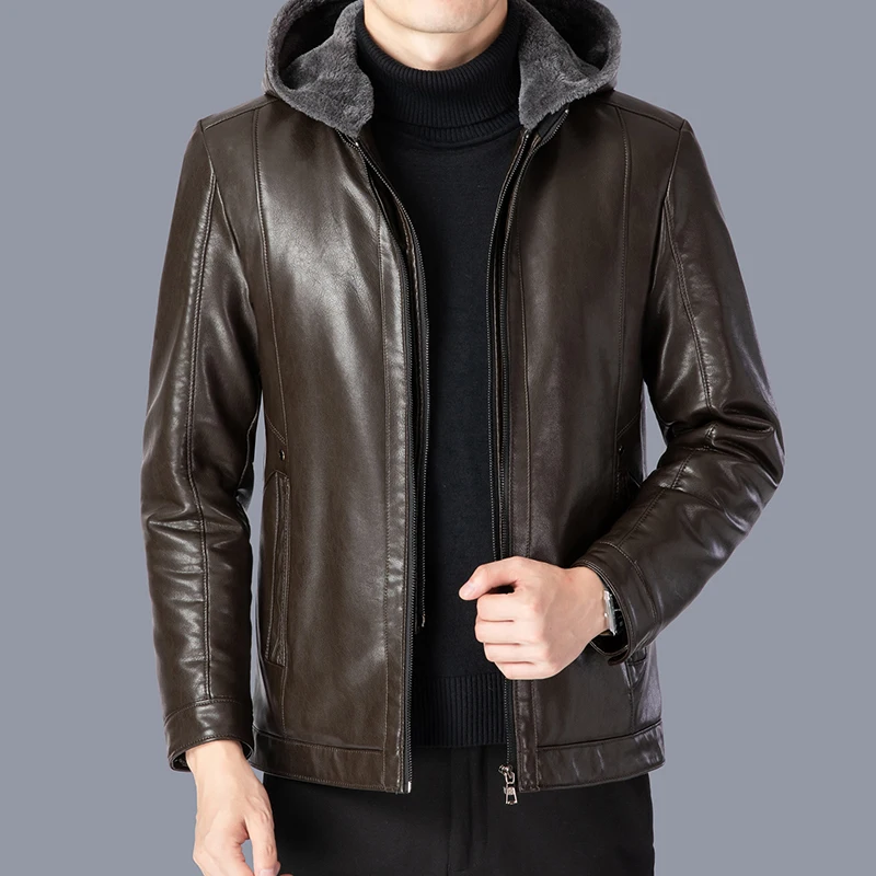 

Thiened Fce Warm Leather Jaet Men's Winter Coat PU Material Busin Casual Sle Middle-Aged And ly Men's Faion