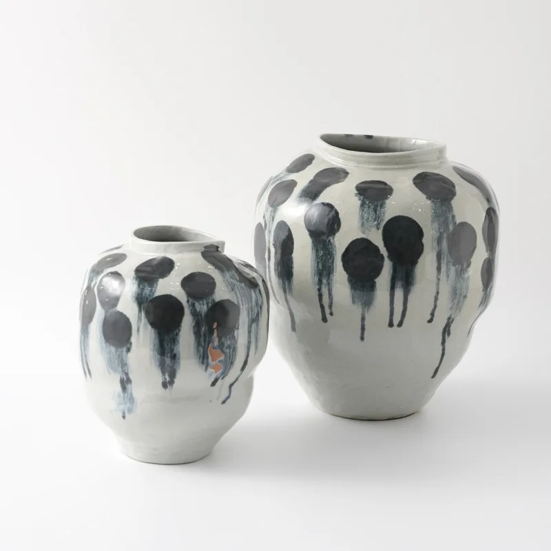 Jingdezhen pottery pot spotted green and black ink handmade vase retro Chinese model room wabi sabi ceramic soft flower ornament