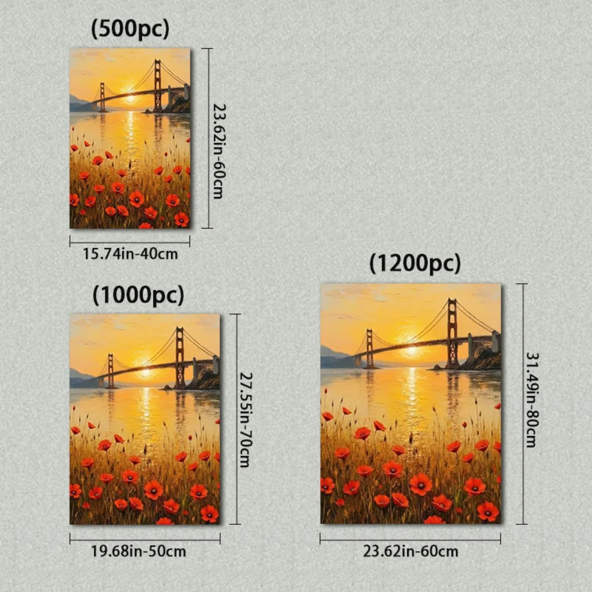500/1000/1200ピース 大人＆家族向けジグソーパズル - ゴールデンゲートブリッジ、3Dポピー畑をモチーフにした大きな挑戦的な脳トレパズル