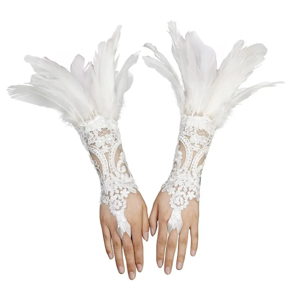 1PC Lace Feather Long Gloves Embroidery Wrist Cuffs Gothic Mesh Sleeve White Black Wedding Gloves Stage Performance