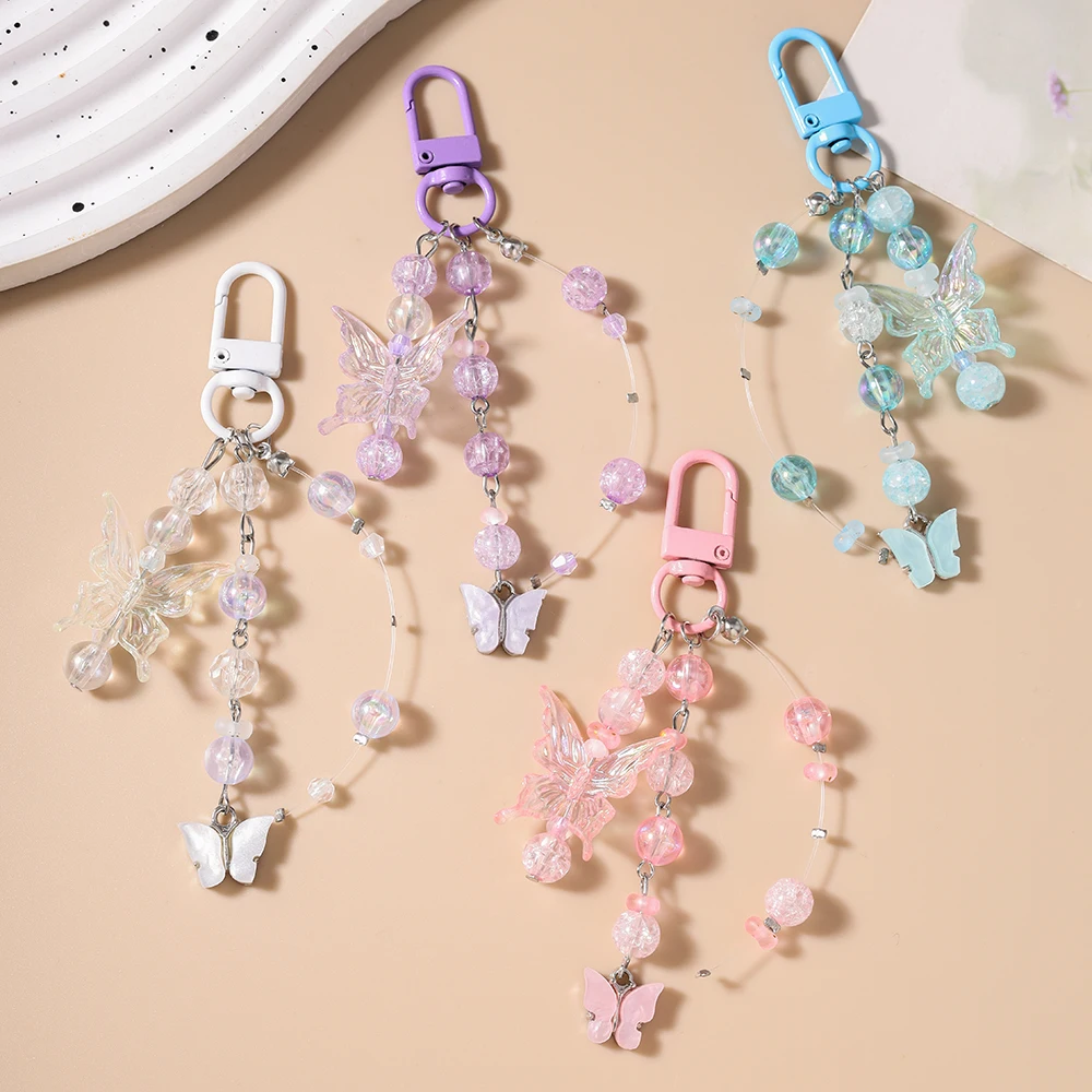素敵な樹脂製の蝶のキーホルダー、手作りのビーズキーリングペンダント、女性、女の子のハンドバッグの装飾、DIYキーチェーンジュエリーギフト 1