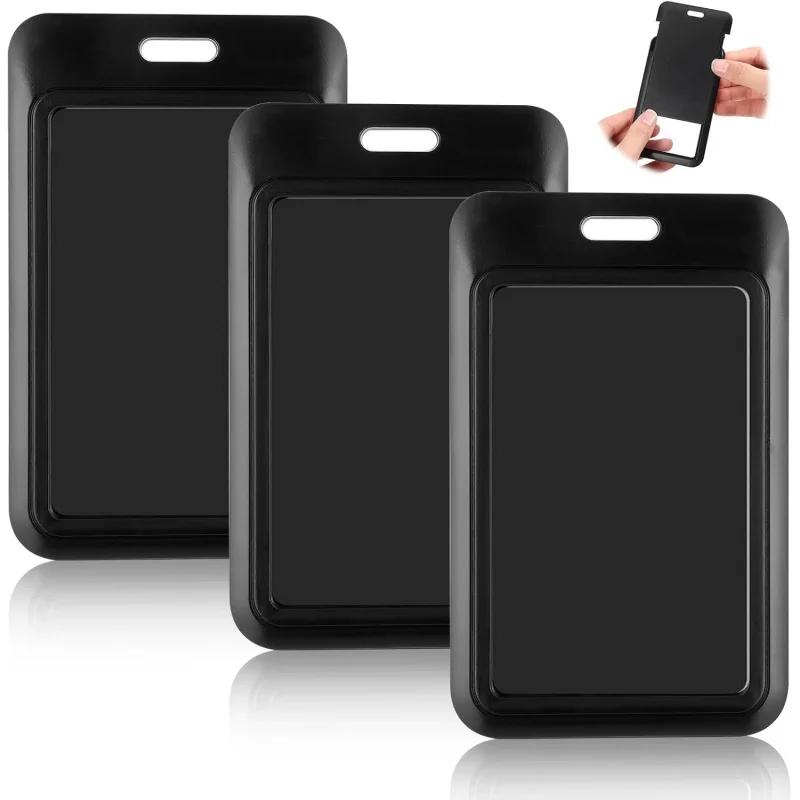 

3 Pcs Sliding ID Badge Holders Plastic Card Case Protector Pouch Black Plastic Vertical ID-Card Holder with Clear Window