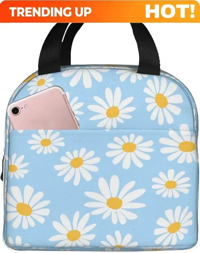 Custom Bag Custom Pretty Floral Daisy Light Blue Lunch Bag Insulated Lunch Box Reusable Lunchbox Waterproof Portable Lunch Tote