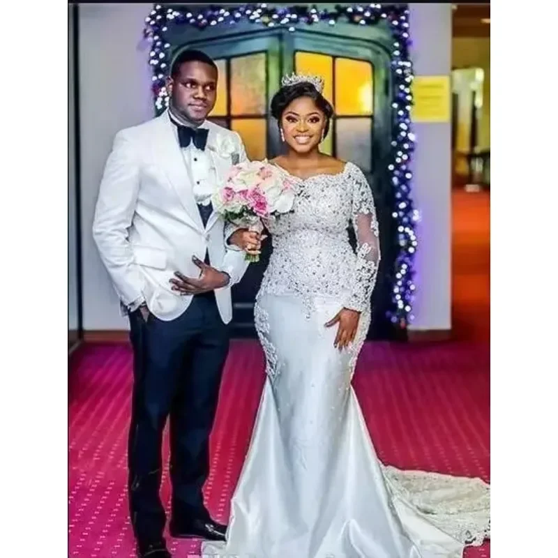 Customized Plus Size Dresses Mermaid Long Sleeves Sweep Train Lace Bridal Gowns African Wedding