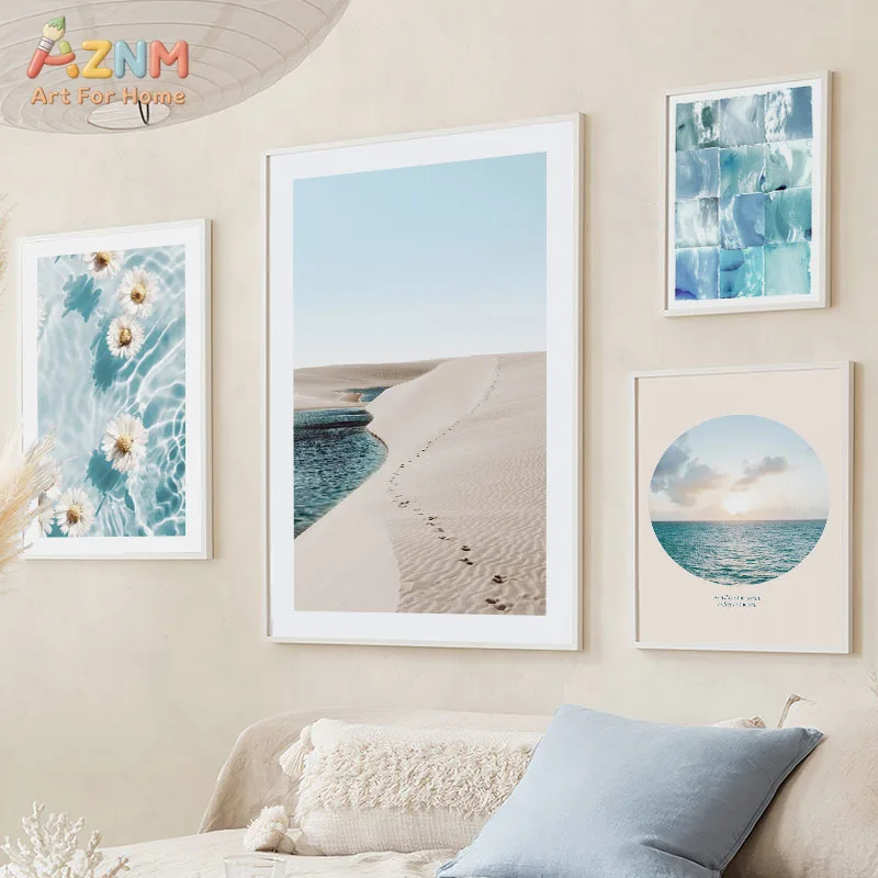AZNM Coastal Beach Ocean Daisy Canvas Wall Art Minimalist Abstract Seascape Bird Inspirational Quote Unframed Canvas Print Home