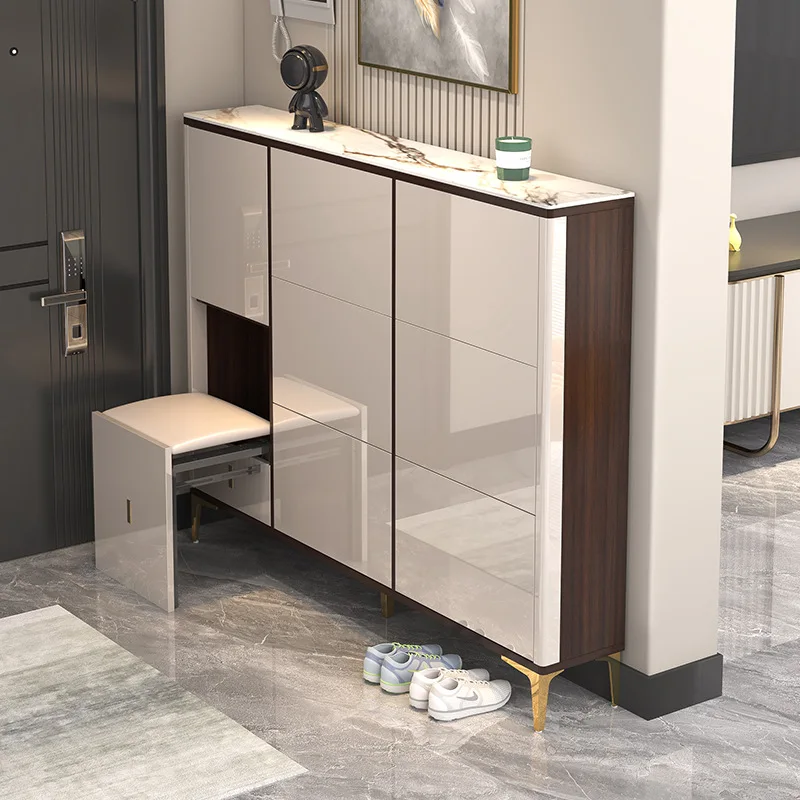 Light luxury ultra-thin tipping bucket shoe cabinet enters the door against the wall, extremely narrow side shoe change stool in
