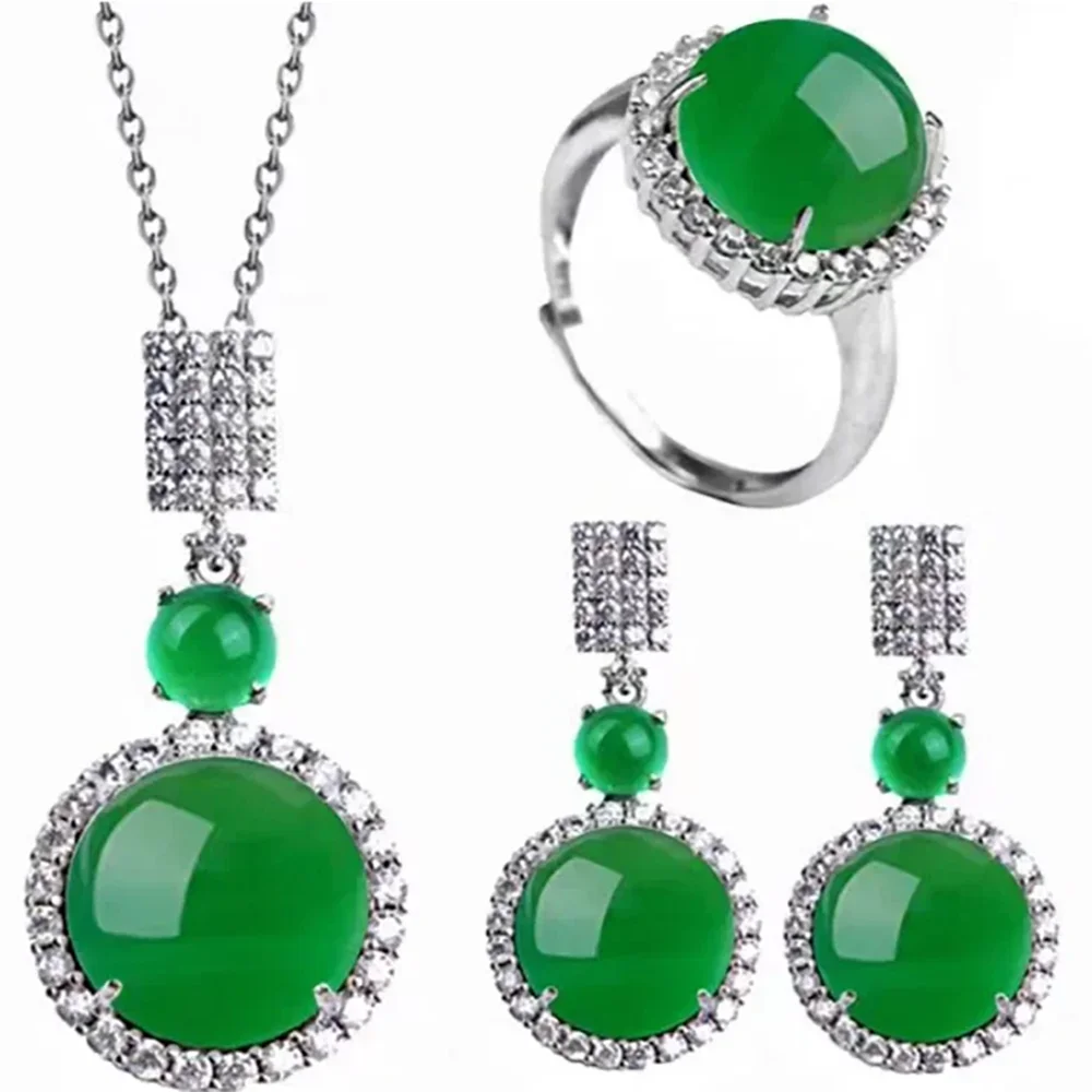 925 Silver Natural Ice Chalcedony Fashion Jewelry Set Classic Luxury Round Green Earrings for Women Diamond Ring Necklace