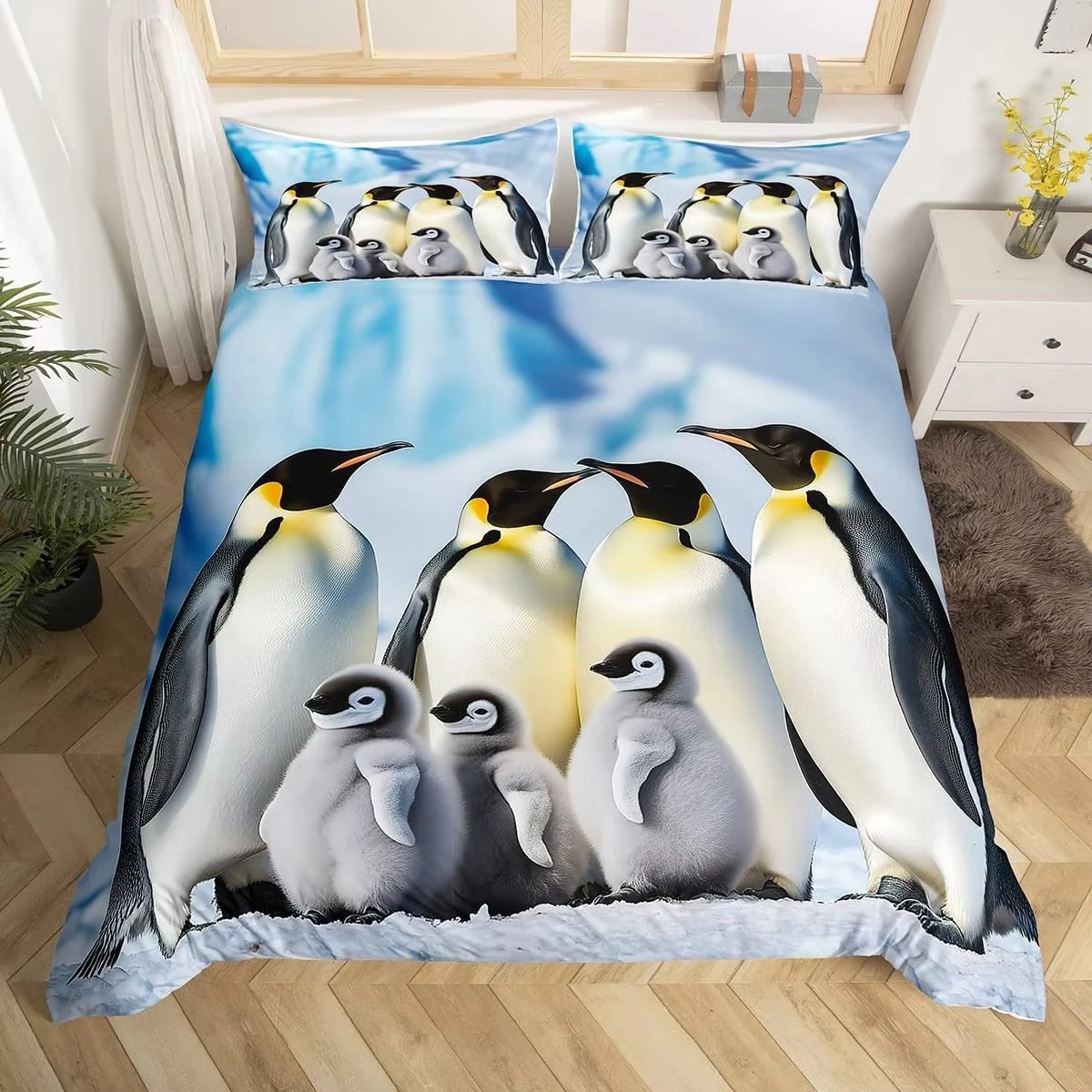 Penguin Duvet Cover Twin Queen Size Antarctic Animal Bedding Set for Kids Boys Girl Cartoon Black White Wildlife Comforter Cover
