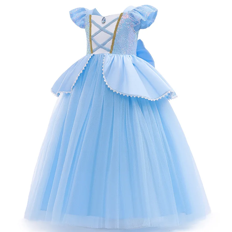 Girls Princess Dress Cinderellas Ball Gown Costume Flying Sleeve Big Bow Blue Purple Dress Fancy Carnival Birthday Party Luxury