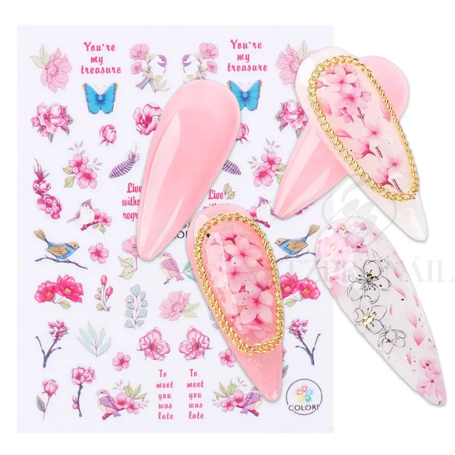 Pegatinas 3D de flores rosas para uñas, deslizador de hojas con estampado de flores de cereza para manicura, decoración de SLCA764-776