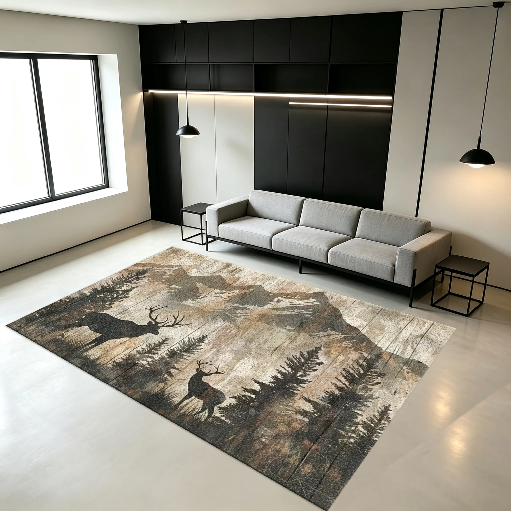 Antique Wood Grain Mountain Deer Forest Carpet, Non-Slip Natural Style Carpet Suitable for Cabin Living Room Home Decoration