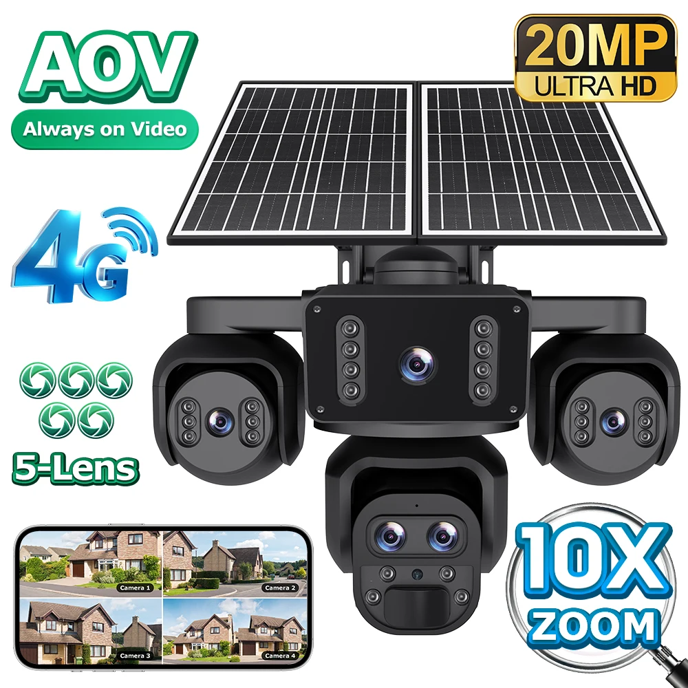 

SHIWOJIA 4G SIM Solar Camera 10X ZOOM AOV 24/7 Recording Video Battery Camera 5-Lens 4-Screens PTZ Tracking Outdoor PIR Monitor