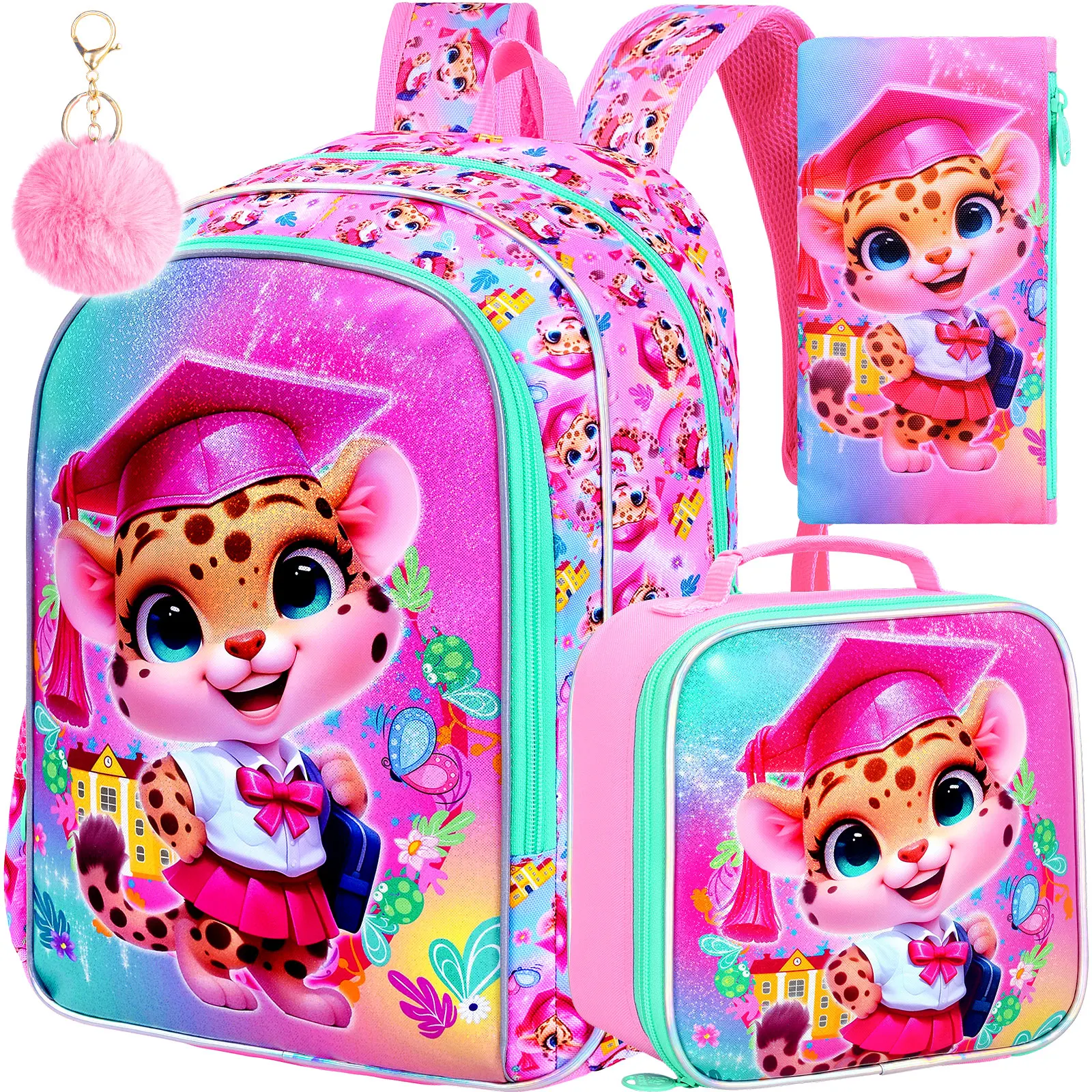 

gxtvo 3PCS Leopard Bookbag for Girls, 16" Kids Backpack with Lunch Box, Water Resistant Elementary Prechool Toddler Shool Bag -