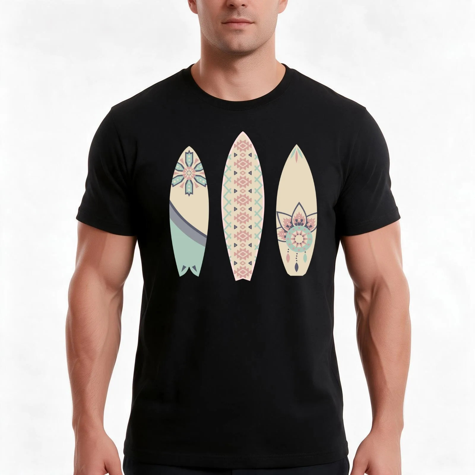 Boho Surfboards T-Shirt, Summer Casual Cotton Tee, Oversized Streetwear Tops, Vintage Graphic Print, Loose Fit Short Sleeve