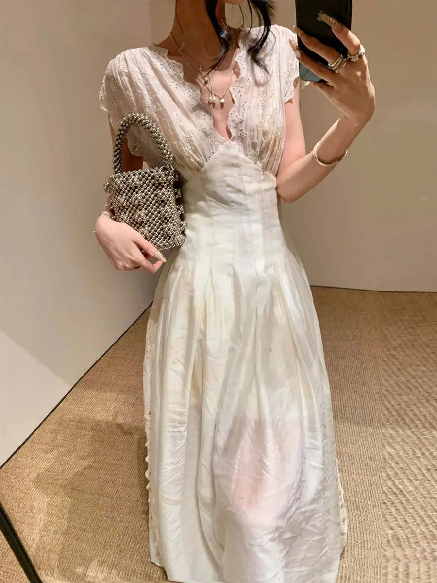 Twotwinstyle sólido solto sheer emendado dobras vestidos minimalistas para mulheres com decote em v mangas curtas elegante vestido longo moda feminina