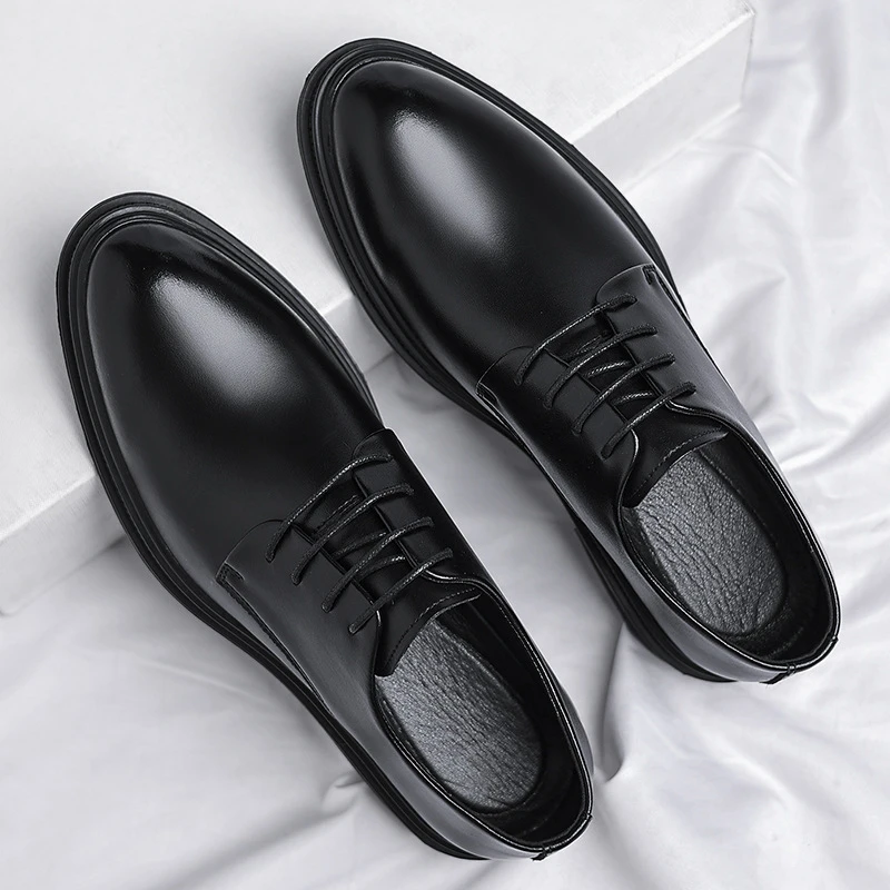 Mens Black Leather Shoes Autumn British Style Formal Business Footwear Low Top Commute Style Dress Shoes For Suits