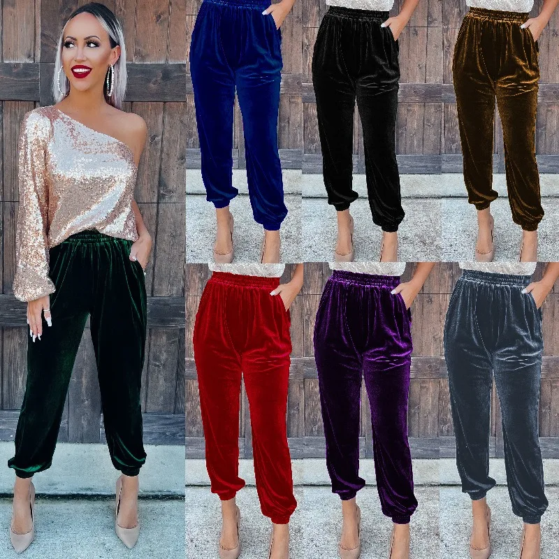 

Fall/Winter 2023 Women's Gold Velvet Straight Pants, Elasticated Waist Slacks Y2k Pants