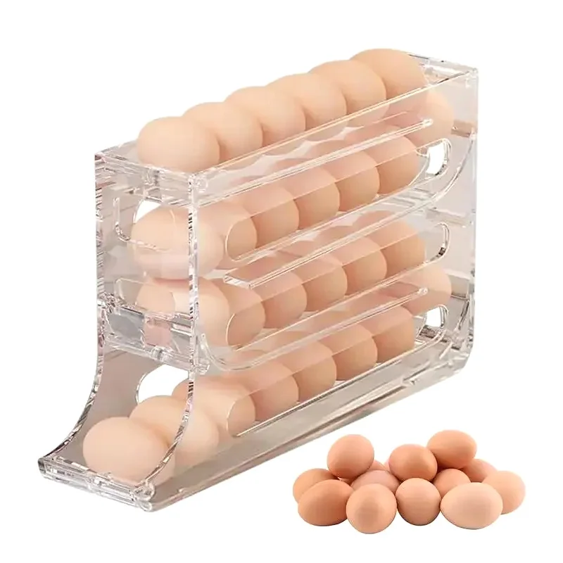 

4 Layers Automatic Rolling Egg Holder Refrigerator Egg Storage Box Container Large Capacity Egg Dispenser Fridge Organizer