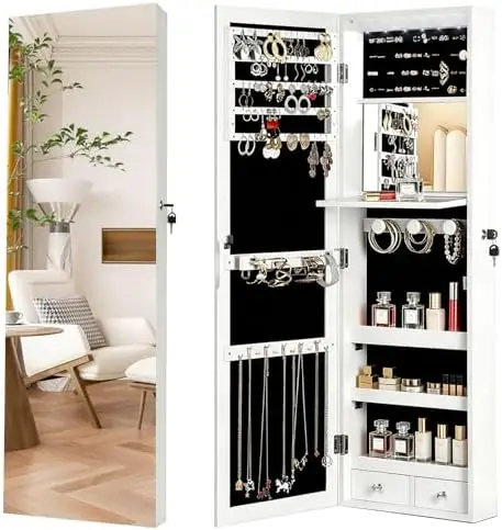 Lockable Jewelry Cabinet Organizer with Full Length Mirror, 6 Auto LED Lights, Wall & Over Door Mount Jewelry Armoire