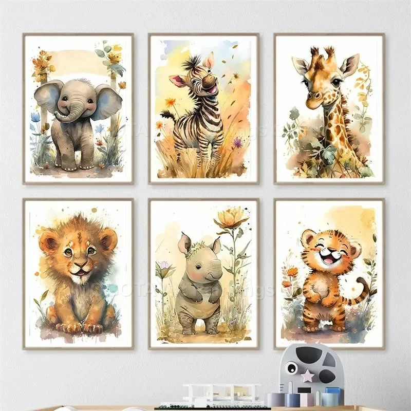 Watercolor Lion Giraffe Tiger Elephant Zebra Nursery Wall Art Canvas Painting Animal Poster Prints Pictures Baby Kids Room Decor