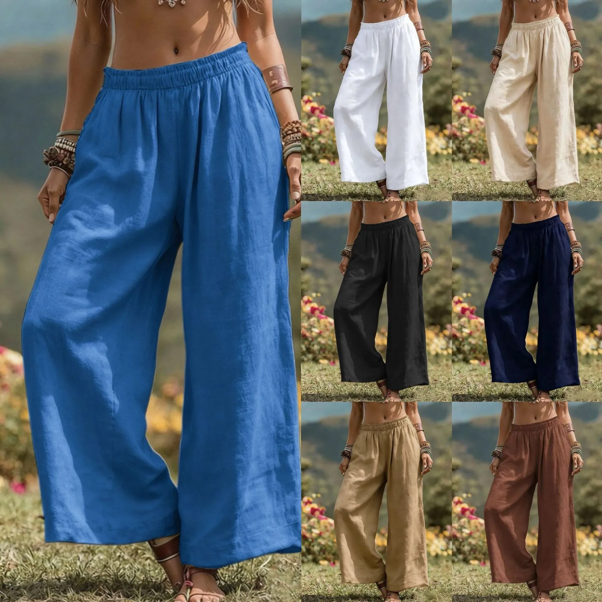 Women Wide Leg Pants High Waist Cotton Linen Look Solid Blue Cropped Length Elastic Waistband Boho Style Loose Fit Trousers
