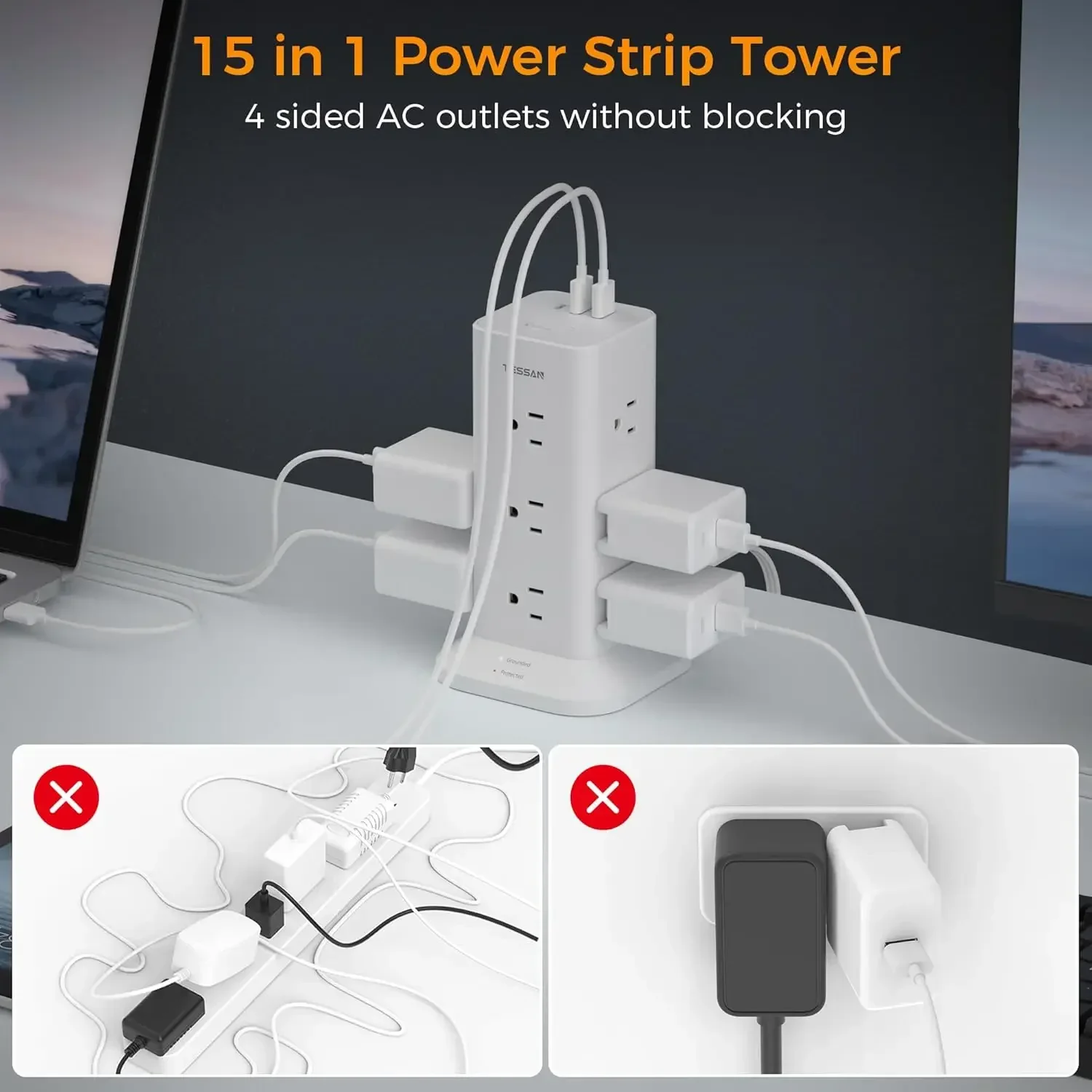 Power Strip Tower with Surge Protection TESSAN Flat Plug Extension Cord 6 Feet with 12 Multiple Outlets 3 USB Ports (1 Type C)