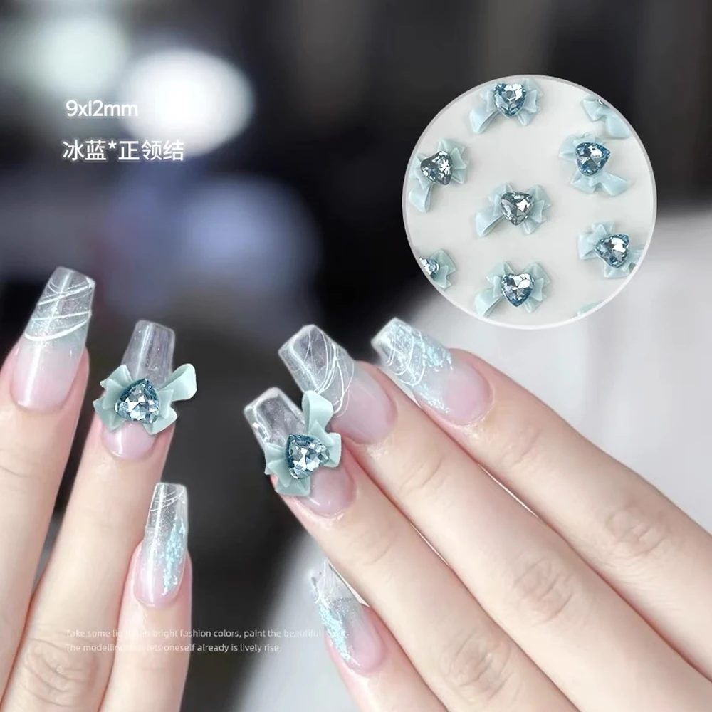 New Mint Blue Bow Nail Decoration 10 Pieces 8-10-12-14mm Summer Fashion Resin Zircon Nail Charm Women's Party Nails Accessories