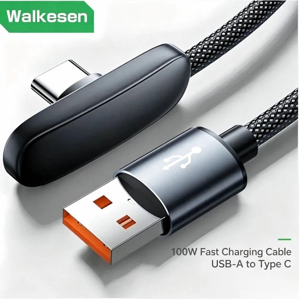 100W Quick Charging Cable Portable High-speed Charging Wire 90 Degree Right Angle Braided Cord for IPhone Samsung Xiaomi Huawei