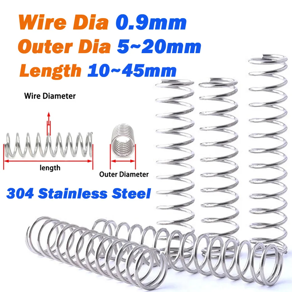 

10Pcs Compression Spring Wire Dia 0.9mm 304 Stainless Steel Micro Small Pressure Spring Outer Diameter 5mm~20mm Length 10mm~45mm