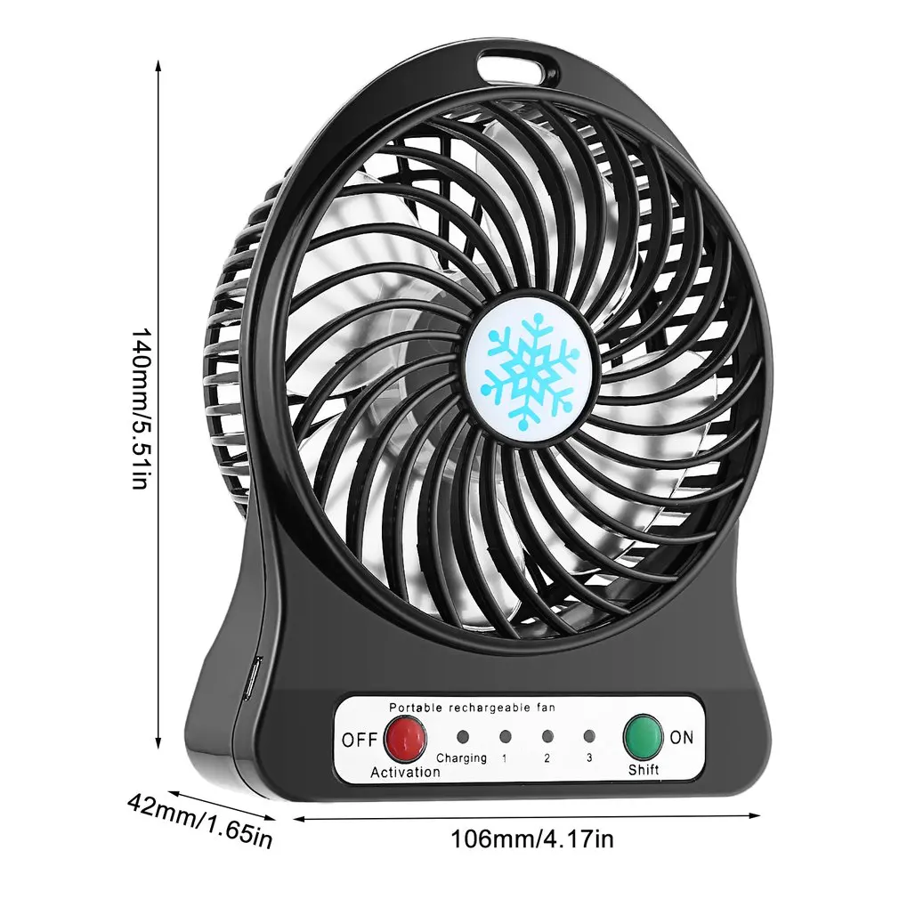 휴대용 미니 LED 팬 에어 쿨러, 배터리 작동 USB 충전, 데스크탑 3 가지 모드 속도 조절, LED 조명 기능