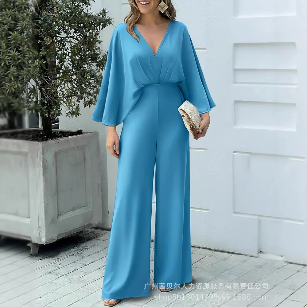 

Женские комбинезоны-ромперы однотонные с V-образным вырезом, рукавами «летучая мышь», завышенной талией, широкими брюками в пол, свободные, повседневные, для офиса, весна 2026