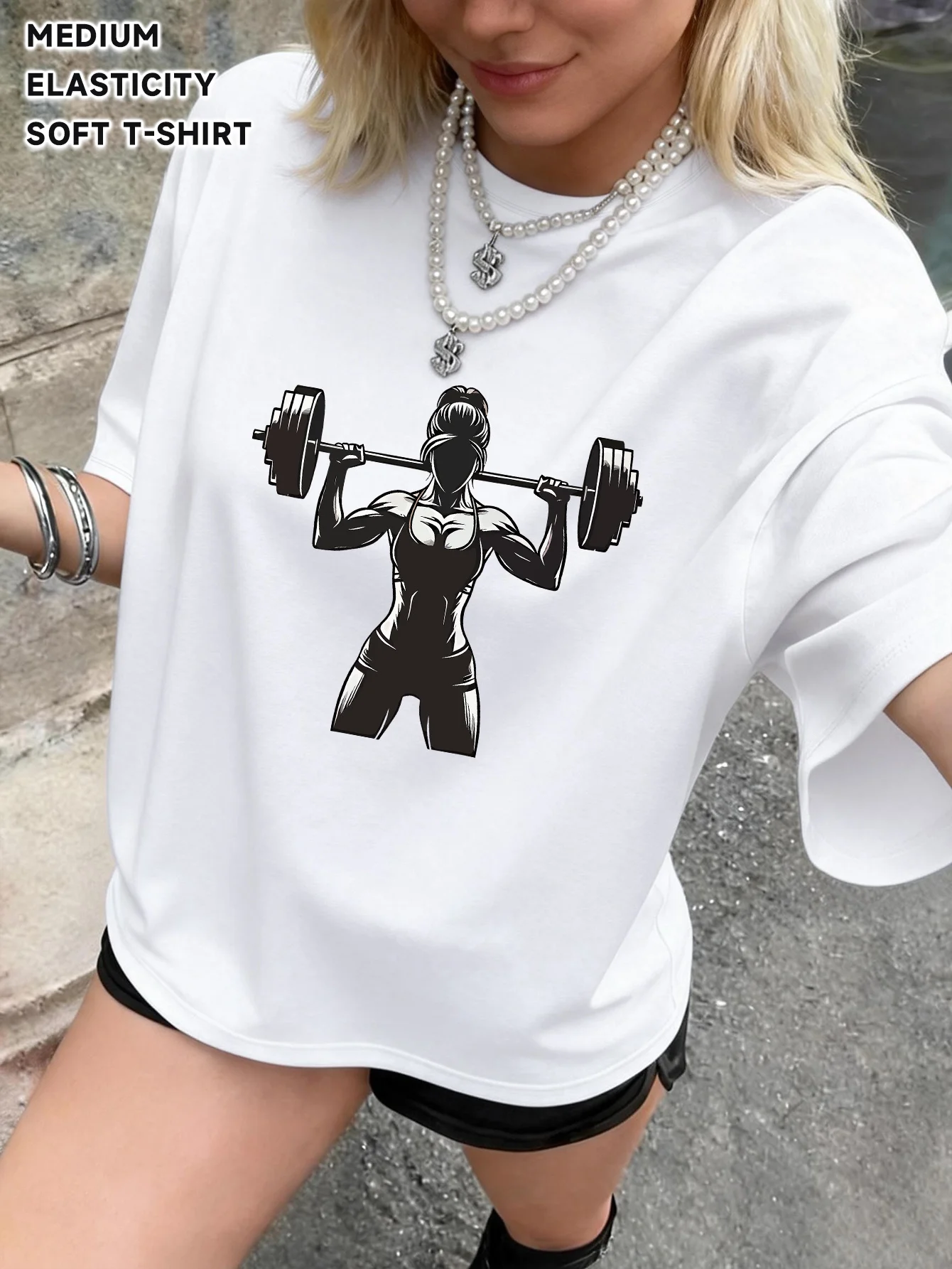Gym-Motivations-Grafik-T-Shirt mit Lifting-Girl-Power-Silhouette, Harajuku Streetwear, Ästhetische Sommermode, Unisex-Oberteile