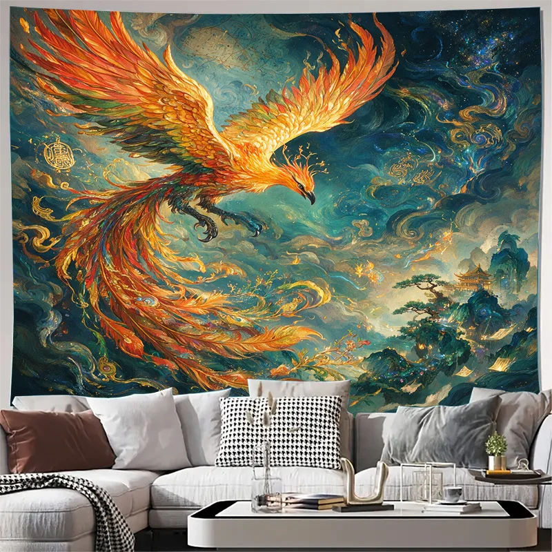 Majestic Phoenix Curtain Tapestry Fantasy Art Decor Blue Sky Galaxy Watercolor Mythology Window Drape Living Room Decoration