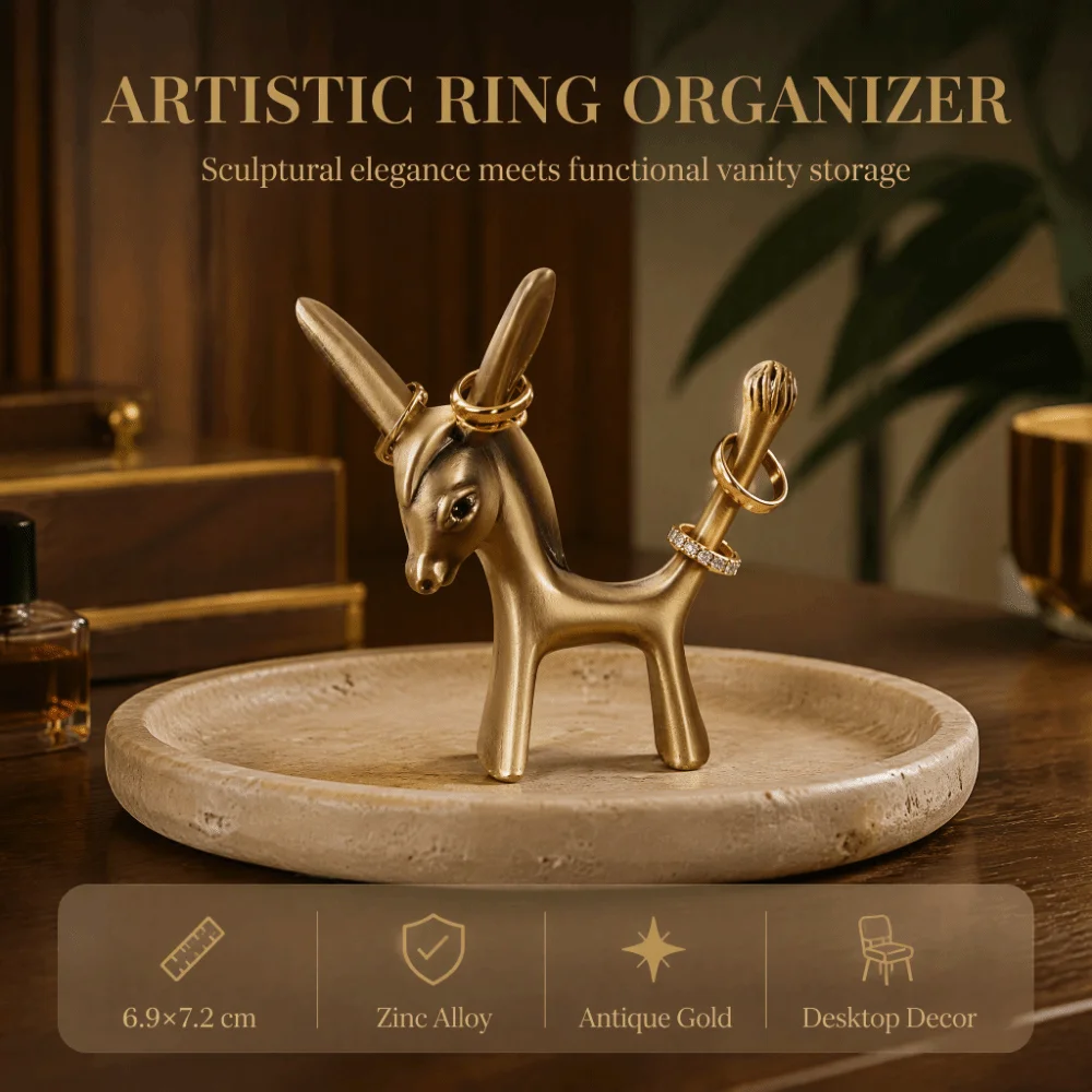 Durable Zinc Alloy Ring Holder Statue Gold Animal Statue Donkey Ring Holder 6.9 x 7.2 cm Desktop Jewelry Organizer Bedroom