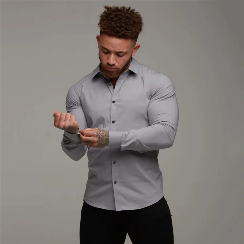 Autumn Fashion Slim Fit Button Long Sleeve Shirts Men Casual Sportswear Dress Shirt Male Hipster Shirts Tops Fitness Clothing