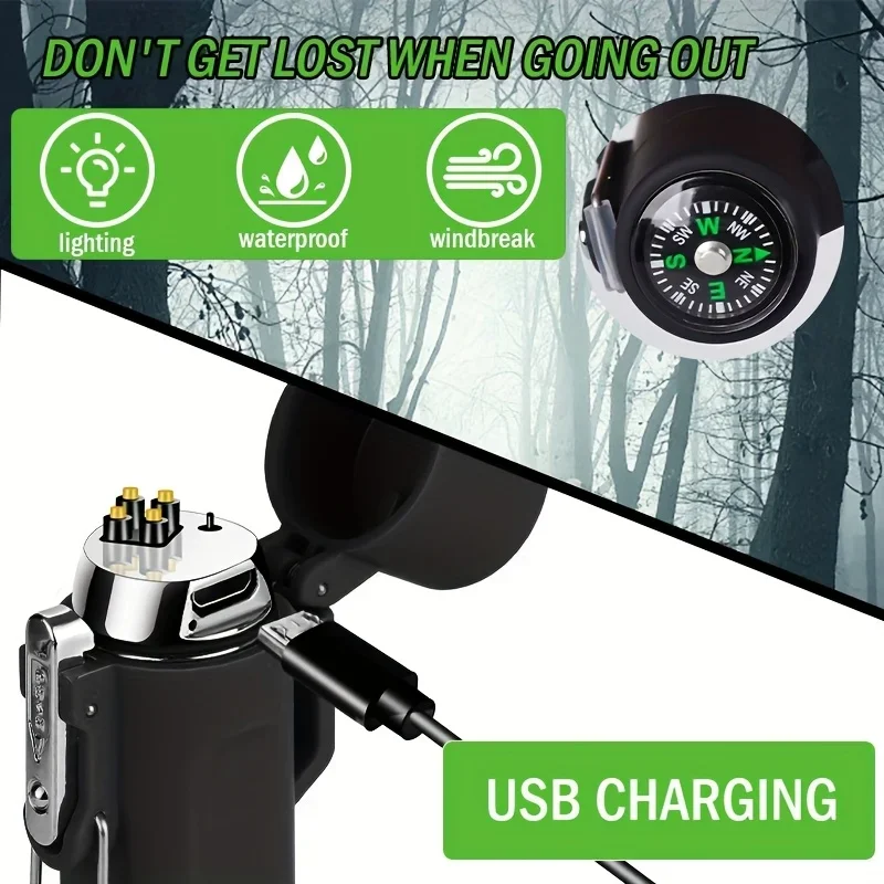 Mini portable double arc cigarette lighter, waterproof and windproof lighter, with compass and flashlight, essential for travel