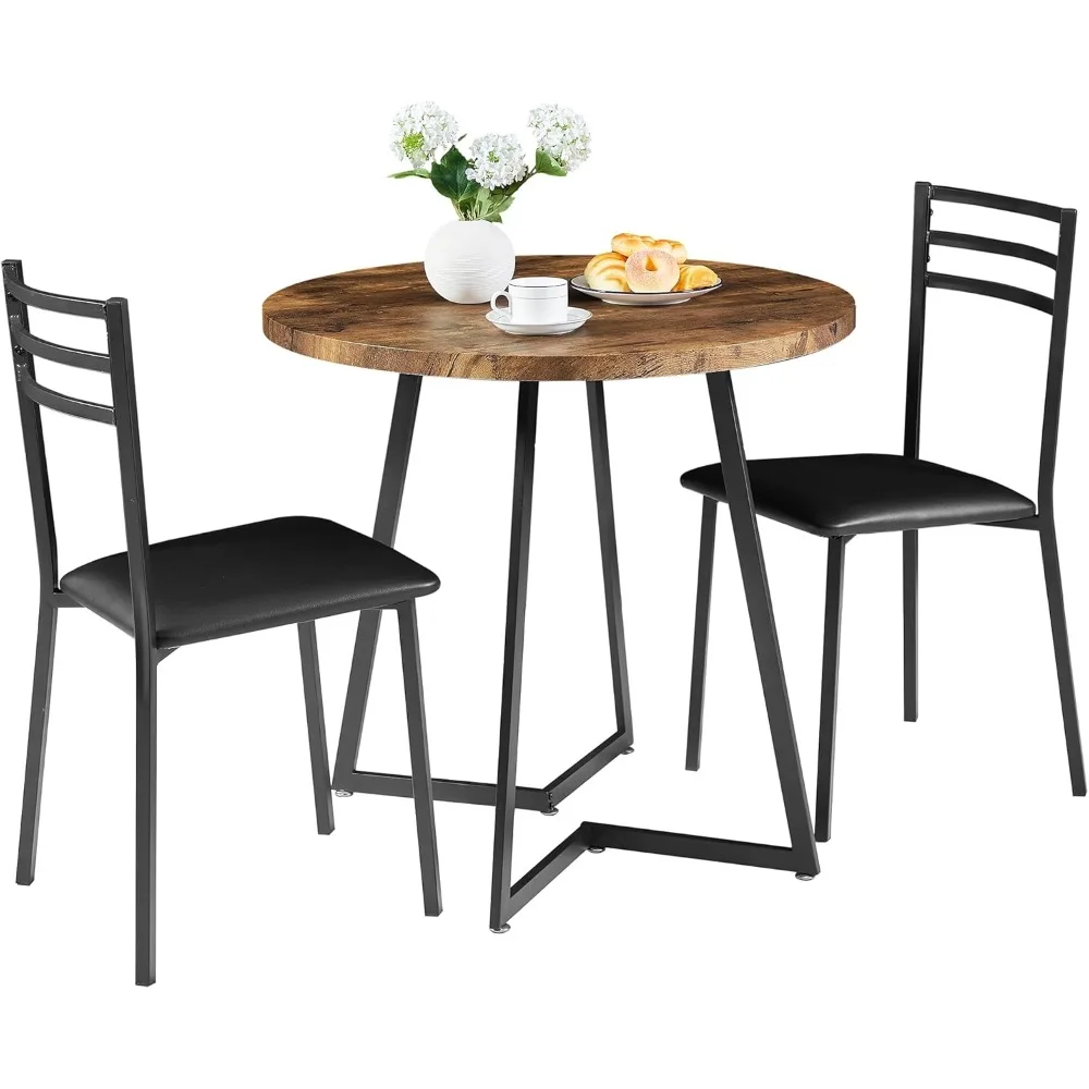 

Round Kitchen Table with 2 Upholstered Chairs, 3-Piece Wood Dinette Sets with Steel Frame