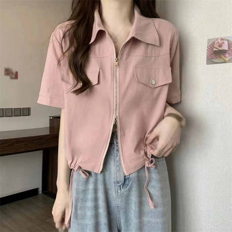 Drawstring Lace-Up Zipper Shirt 2024 Summer Tooling Short Loose Short-Sleeved Top Artistic Office Women\'s Breathable Clothing