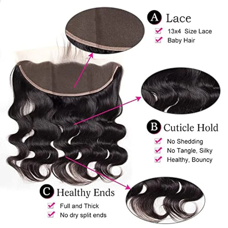 Onda Profunda Pacotes de Cabelo Humano com Frontal, 13x4 Lace Frontal, 3 Pacotes, 100% Cabelo Humano Brasileiro, # 1B