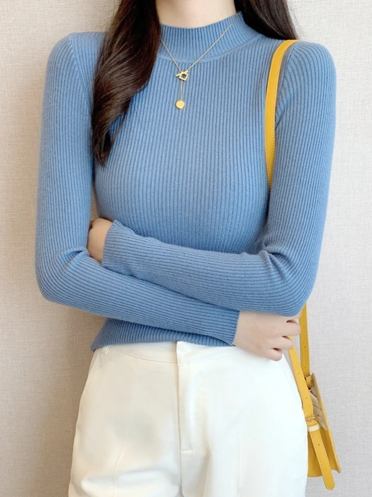 Novità in autunno inverno donna manica lunga lavorata a maglia collo mezzo alto maglione a costine morbido caldo maglione femme pullover vestiti