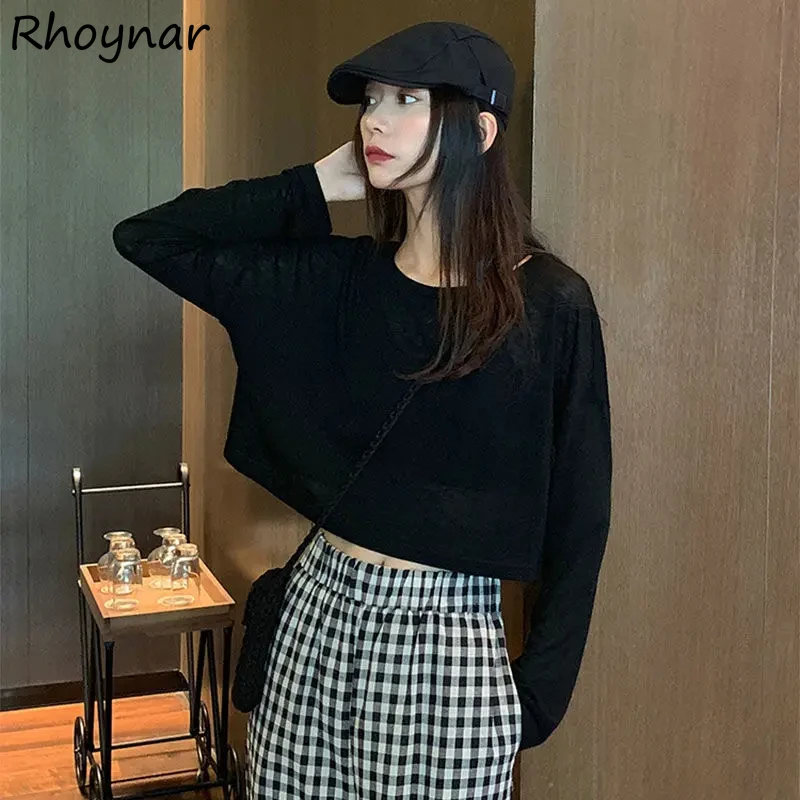

Long Sleeve T-shirts Women Solid Thin Sun-proof Soft Loose Crop Tops Korean Style All-match Popular Vacation Casual Young Chic