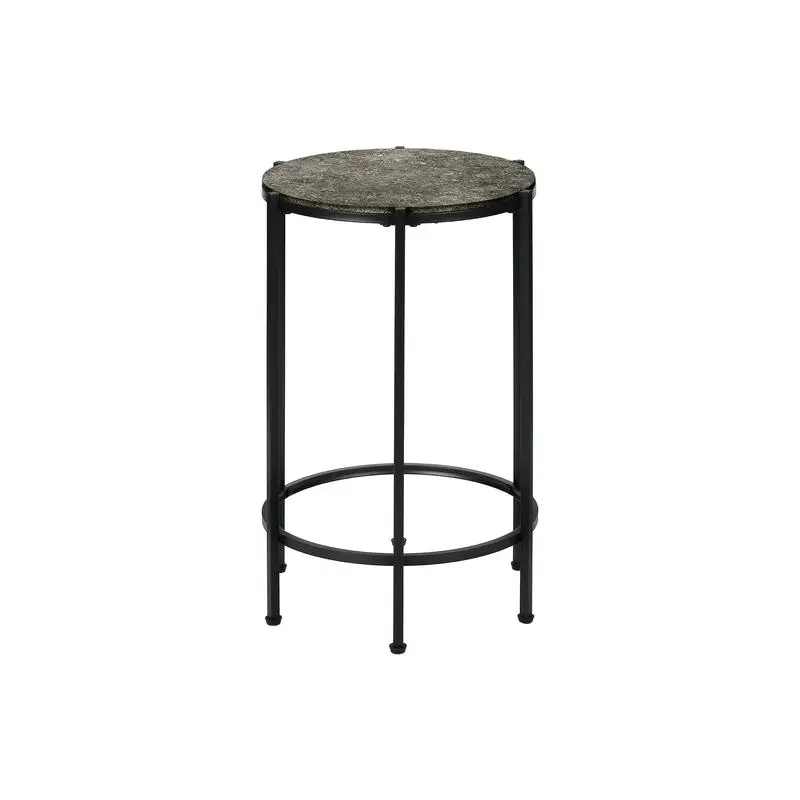 Round Accent End Side Table, Small Nightstand with Lamp, Dark Bronze Laminate & Black Metal, Contemporary Design for Living